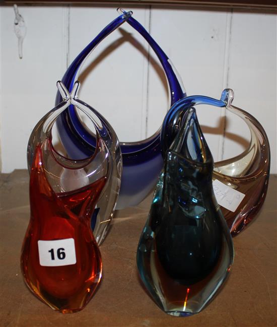 Five Murano coloured glass free form vases